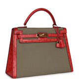 Hermes Kelly Sellier 32 Rouge Vif Ostrich and Vert Olive Officier Canvas Gold Hardware