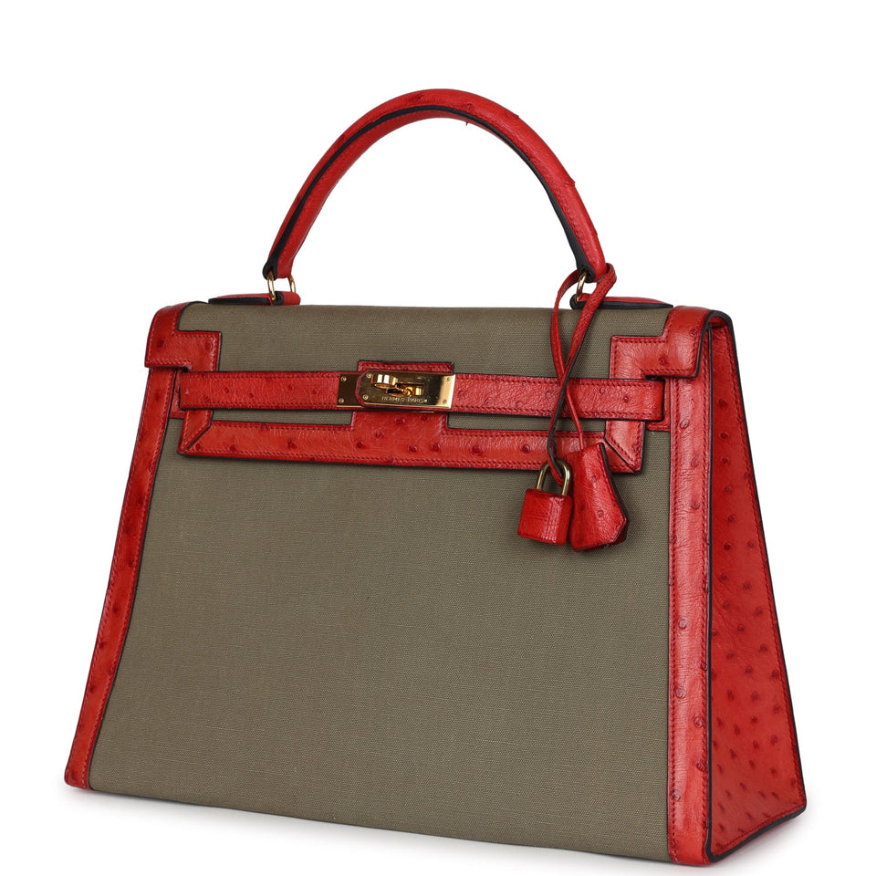 Hermes Kelly Sellier 32 Rouge Vif Ostrich and Vert Olive Officier Canvas Gold Hardware