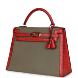 Hermes Kelly Sellier 32 Rouge Vif Ostrich and Vert Olive Officier Canvas Gold Hardware