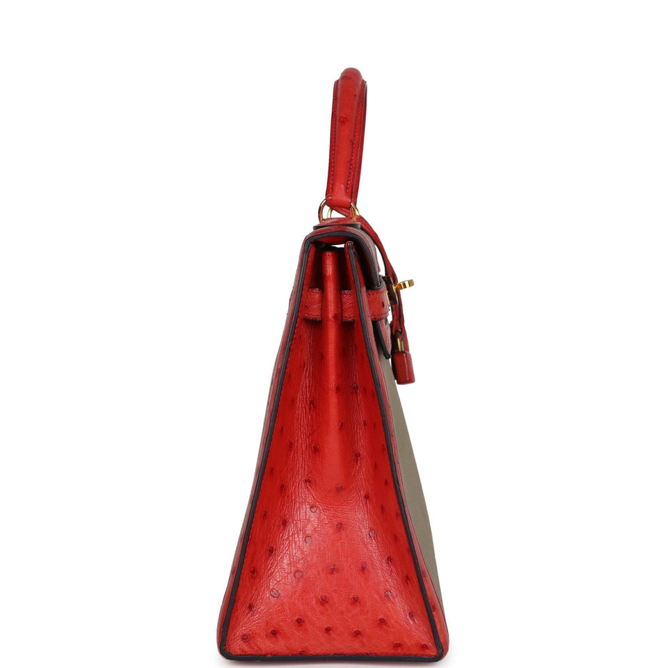 Hermes Kelly Sellier 32 Rouge Vif Ostrich and Vert Olive Officier Canvas Gold Hardware