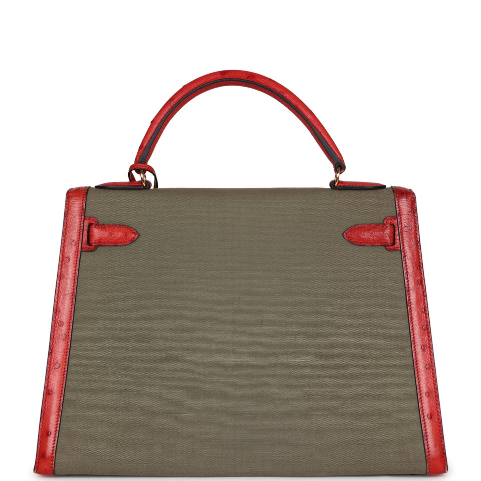 Hermes Kelly Sellier 32 Rouge Vif Ostrich and Vert Olive Officier Canvas Gold Hardware