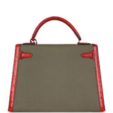 Hermes Kelly Sellier 32 Rouge Vif Ostrich and Vert Olive Officier Canvas Gold Hardware