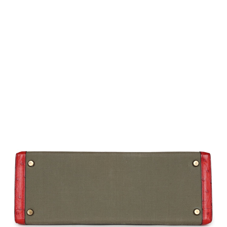 Hermes Kelly Sellier 32 Rouge Vif Ostrich and Vert Olive Officier Canvas Gold Hardware
