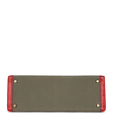 Hermes Kelly Sellier 32 Rouge Vif Ostrich and Vert Olive Officier Canvas Gold Hardware