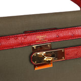 Hermes Kelly Sellier 32 Rouge Vif Ostrich and Vert Olive Officier Canvas Gold Hardware