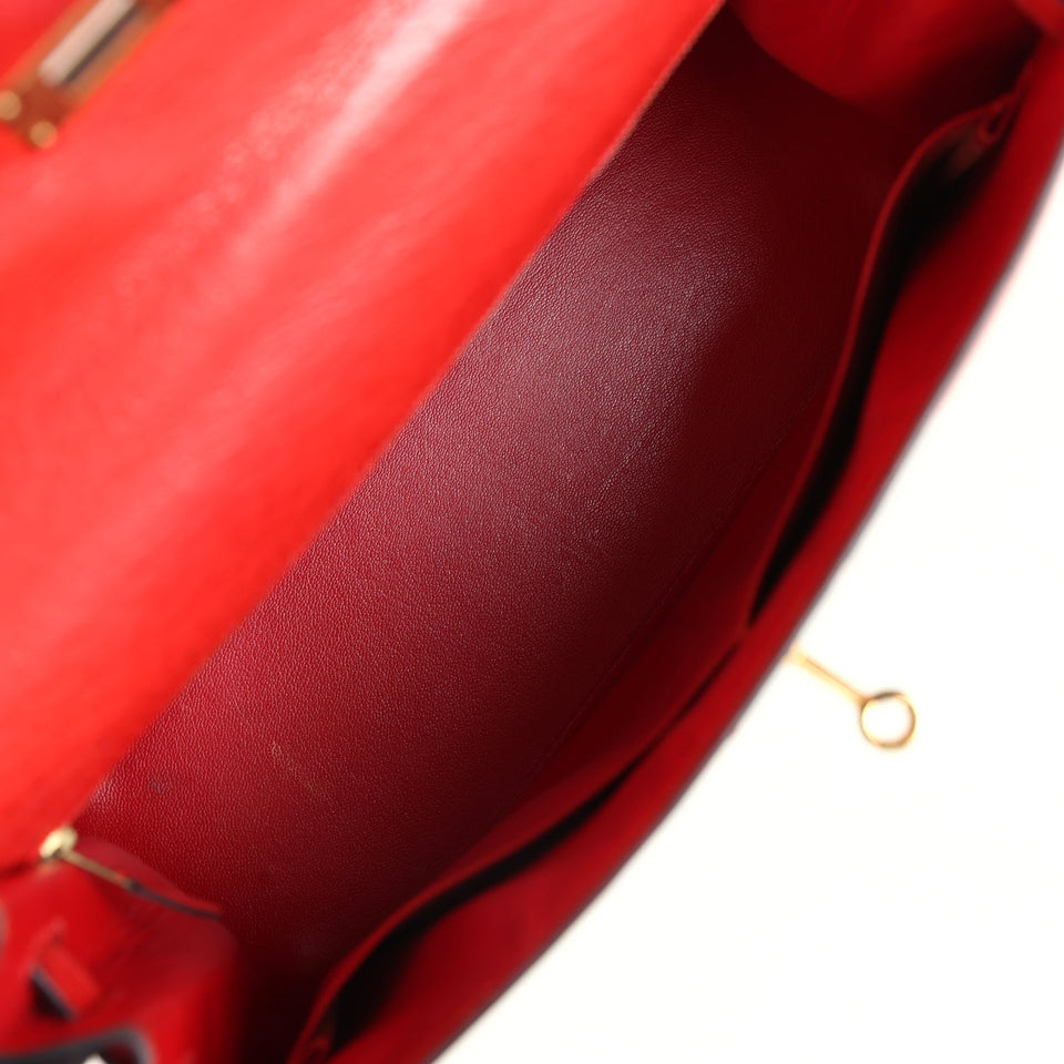 Hermes Kelly Sellier 32 Rouge Vif Ostrich and Vert Olive Officier Canvas Gold Hardware