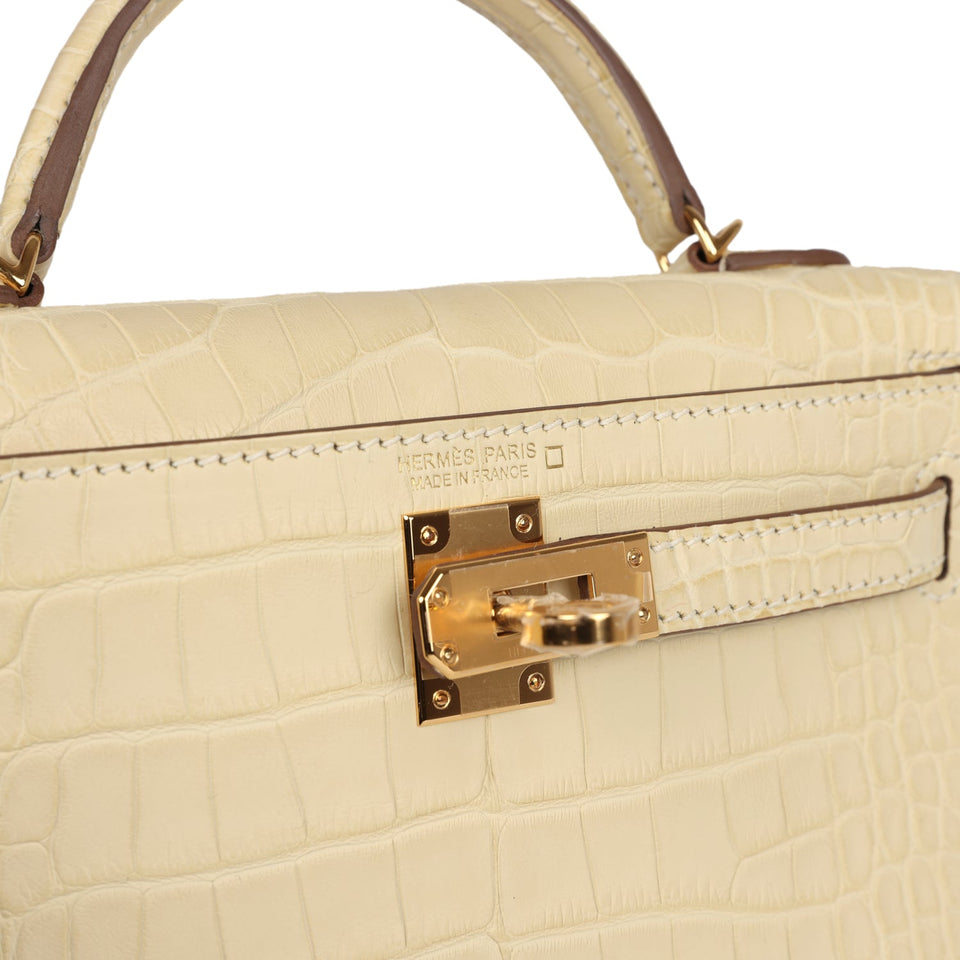 Hermes Kelly Sellier 20 Vanille Matte Alligator Gold Hardware