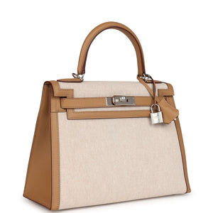 Hermes Kelly Sellier 28 Biscuit Toile H Canvas and Swift Palladium Hardware