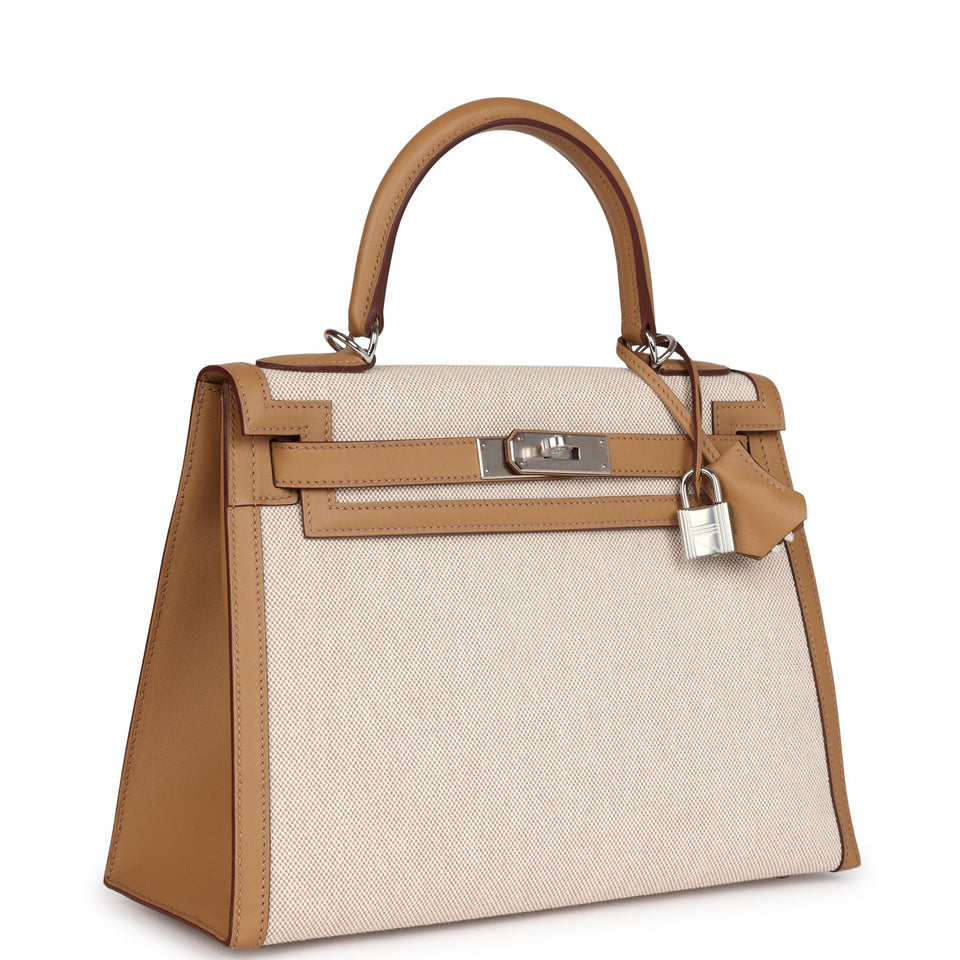 Hermes Kelly Sellier 28 Biscuit Toile H Canvas and Swift Palladium Hardware