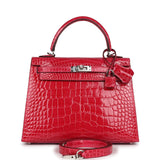 Hermes Kelly Sellier 25 Rose Extreme Shiny Alligator Palladium Hardware