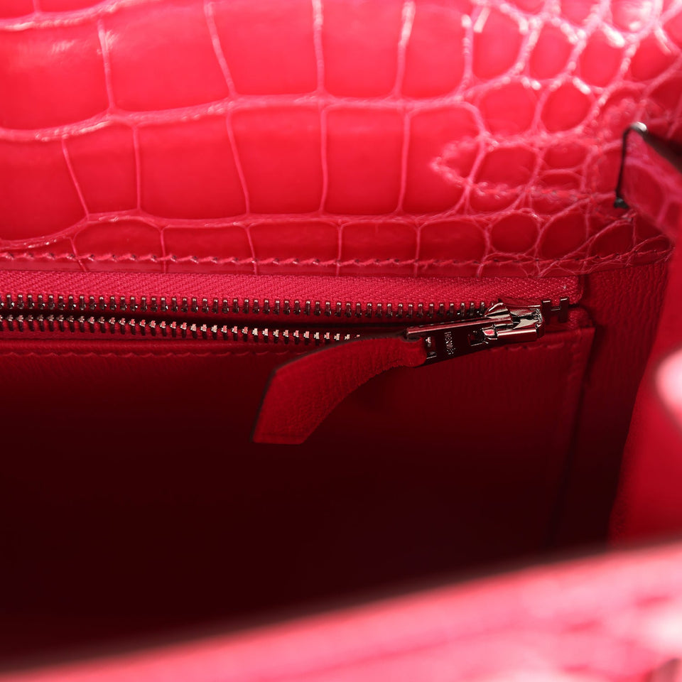 Hermes Kelly Sellier 25 Rose Extreme Shiny Alligator Palladium Hardware