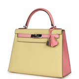 Hermes Special Order (HSS) Kelly Sellier 28 Rose Confetti and Jaune Poussin Epsom Palladium Hardware