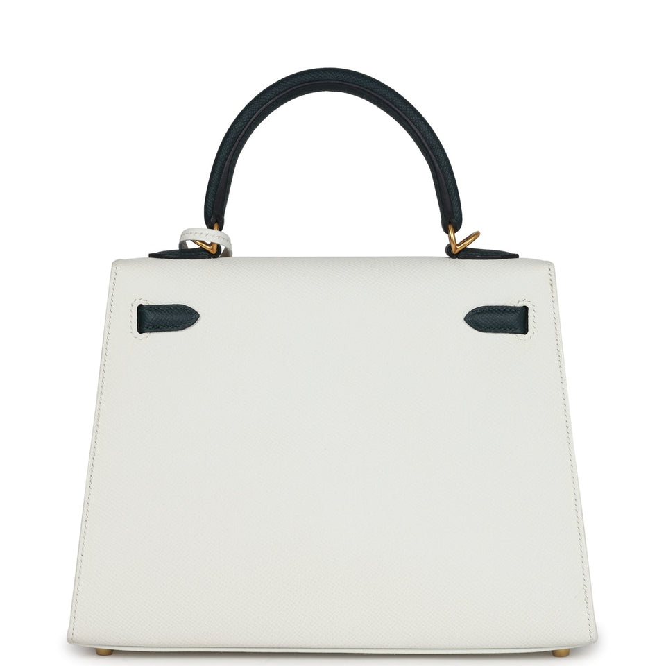 Hermes Special Order (HSS) Kelly Sellier 25 White and Vert Cypress Epsom Brushed Gold Hardware
