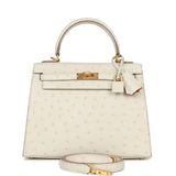 Hermes Special Order (HSS) Kelly Sellier 25 Beton Ostrich Verso Brushed Gold Hardware