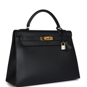 Hermes Kelly Sellier 32 Black Ardennes Gold Hardware