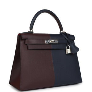 Hermes Kelly Sellier 28 Casaque Bleu Indigo and Rouge Sellier Epsom Palladium Hardware