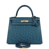 Hermes Kelly Sellier 28 Cobalt Ostrich Gold Hardware