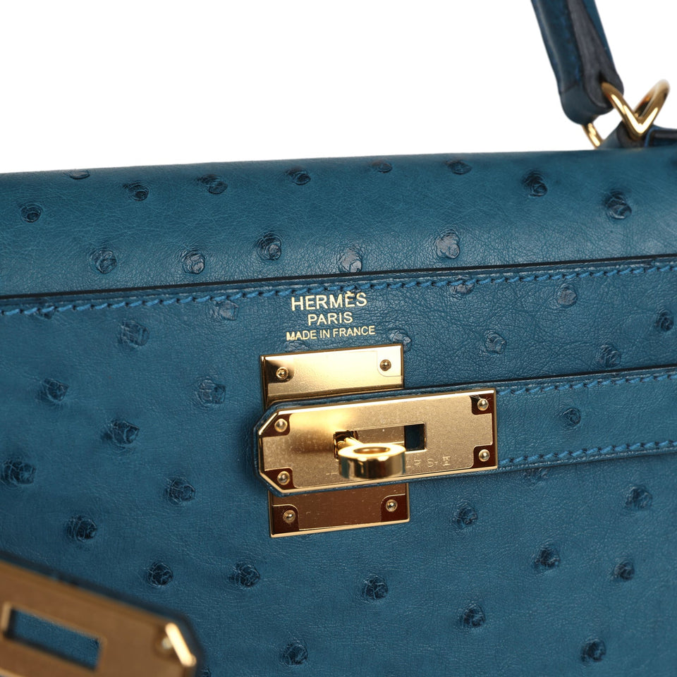 Hermes Kelly Sellier 28 Cobalt Ostrich Gold Hardware