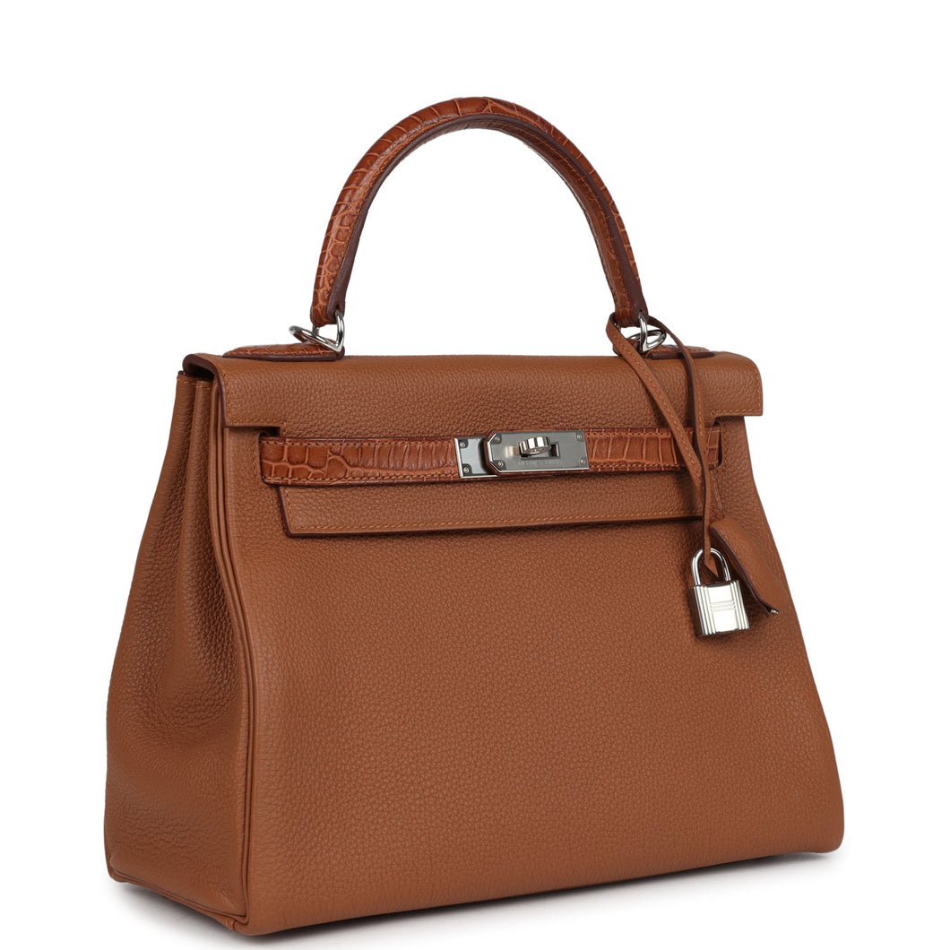 Hermes Kelly Retourne 28 Gold Togo and Matte Prososus Crocodile Touch Palladium Hardware