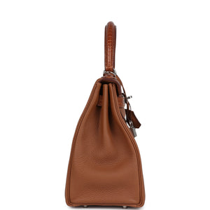Hermes Kelly Retourne 28 Gold Togo and Matte Prososus Crocodile Touch Palladium Hardware