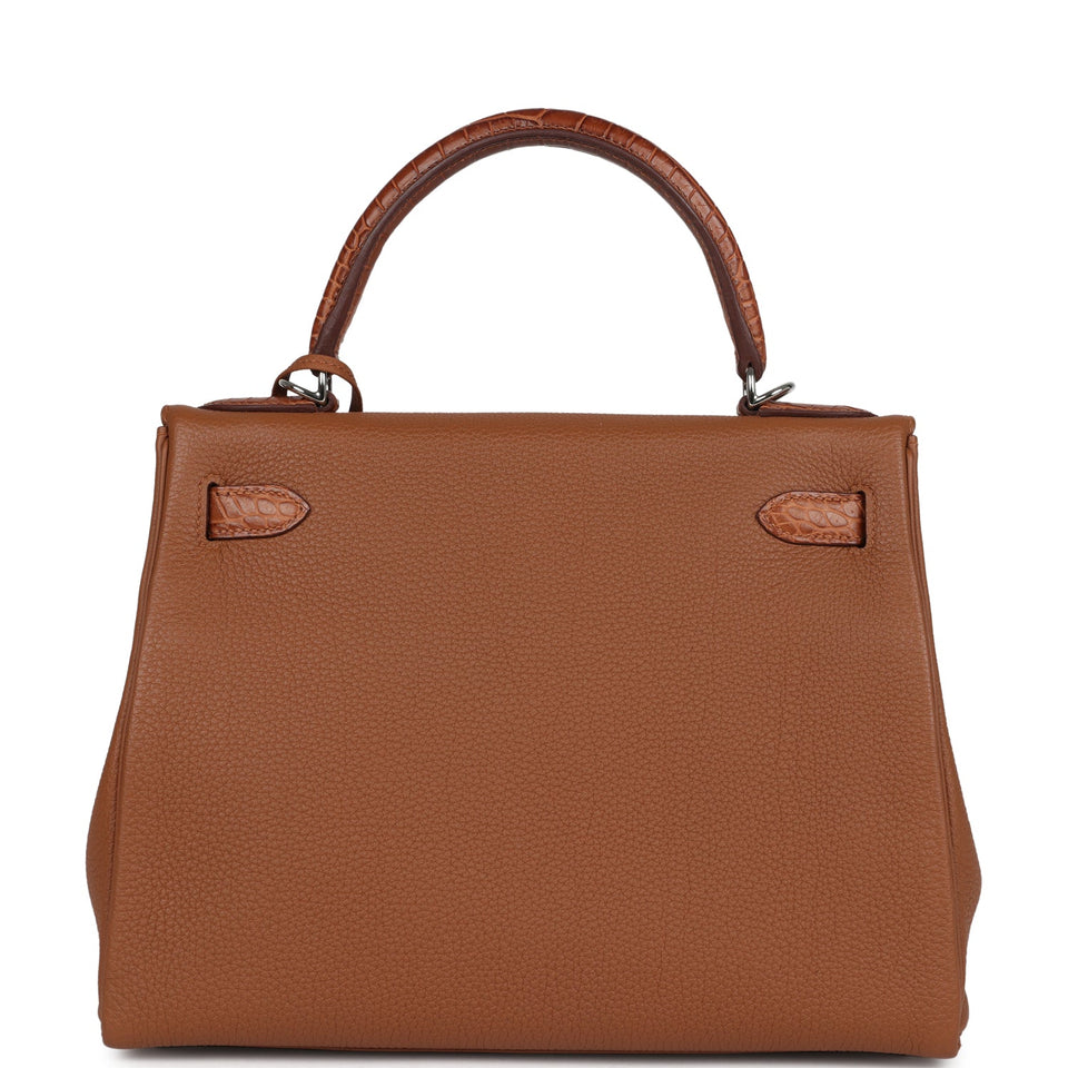 Hermes Kelly Retourne 28 Gold Togo and Matte Prososus Crocodile Touch Palladium Hardware