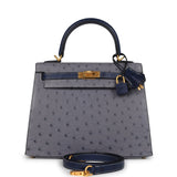 Hermes Special Order (HSS) Kelly Sellier 25 Gris Agate and Bleu Iris Ostrich Brushed Gold Hardware