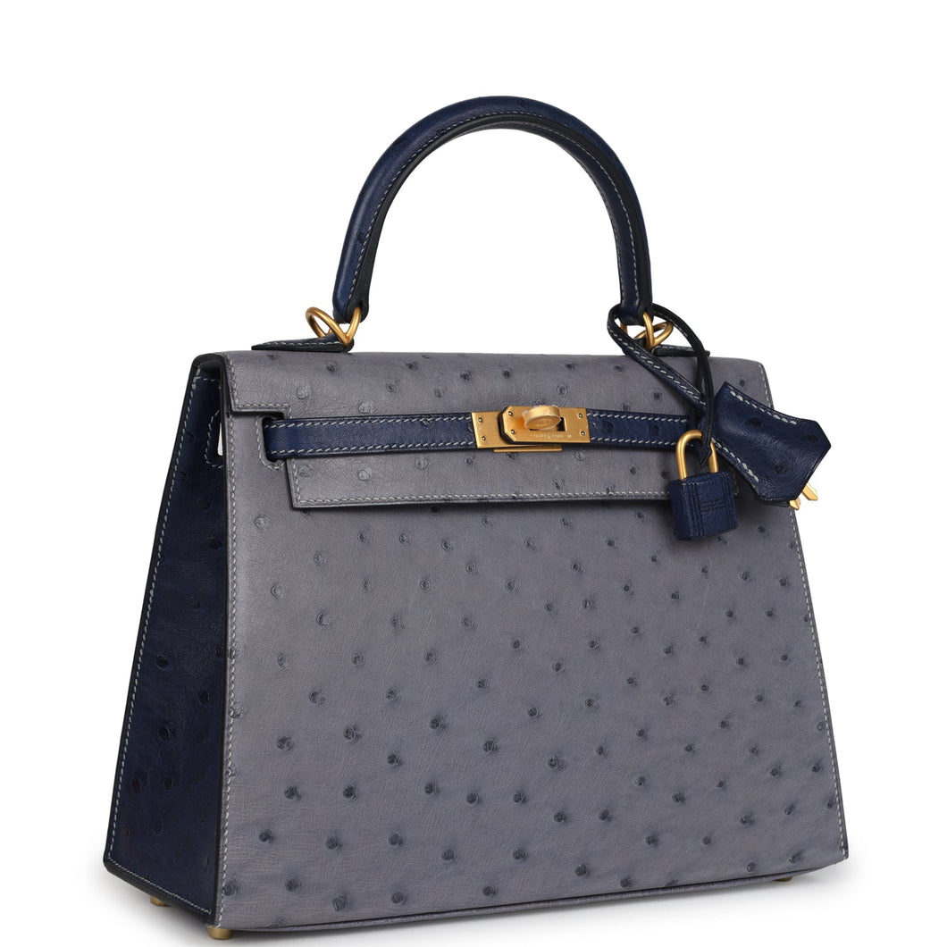 Hermes Special Order (HSS) Kelly Sellier 25 Gris Agate and Bleu Iris Ostrich Brushed Gold Hardware