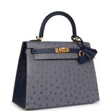 Hermes Special Order (HSS) Kelly Sellier 25 Gris Agate and Bleu Iris Ostrich Brushed Gold Hardware