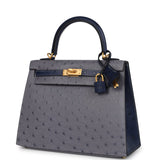 Hermes Special Order (HSS) Kelly Sellier 25 Gris Agate and Bleu Iris Ostrich Brushed Gold Hardware