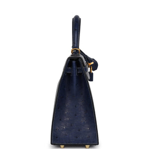 Hermes Special Order (HSS) Kelly Sellier 25 Gris Agate and Bleu Iris Ostrich Brushed Gold Hardware