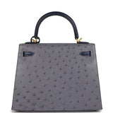 Hermes Special Order (HSS) Kelly Sellier 25 Gris Agate and Bleu Iris Ostrich Brushed Gold Hardware