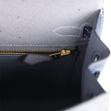 Hermes Special Order (HSS) Kelly Sellier 25 Gris Agate and Bleu Iris Ostrich Brushed Gold Hardware