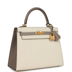 Hermes Special Order (HSS) Kelly Sellier 25 Craie and Gris Asphalte Epsom Brushed Gold Hardware