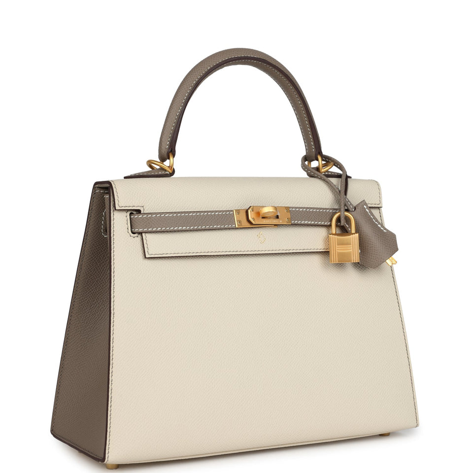 Hermes Special Order (HSS) Kelly Sellier 25 Craie and Gris Asphalte Epsom Brushed Gold Hardware