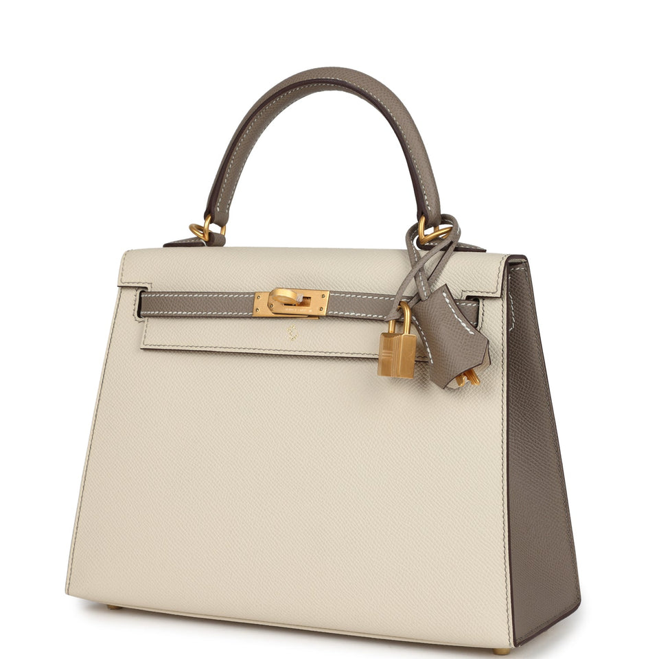 Hermes Special Order (HSS) Kelly Sellier 25 Craie and Gris Asphalte Epsom Brushed Gold Hardware