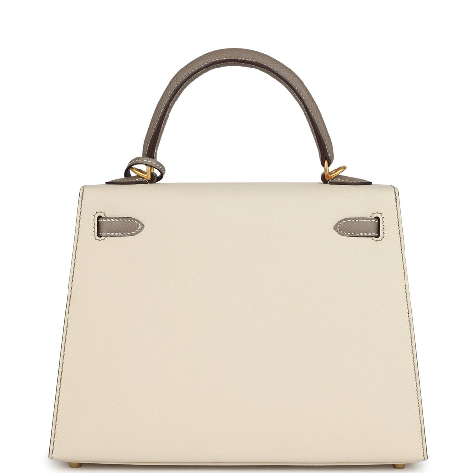 Hermes Special Order (HSS) Kelly Sellier 25 Craie and Gris Asphalte Epsom Brushed Gold Hardware