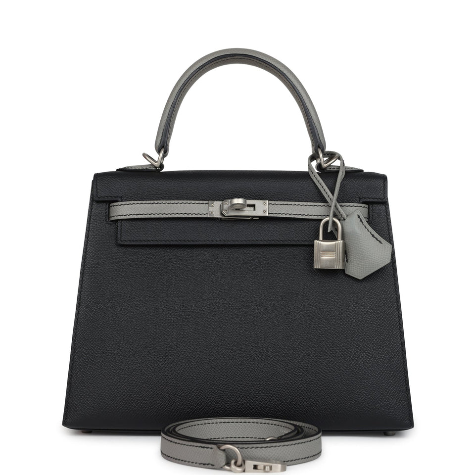 Hermes Special Order (HSS) Kelly Sellier 25 Black and Gris Mouette Epsom Brushed Gold Hardware