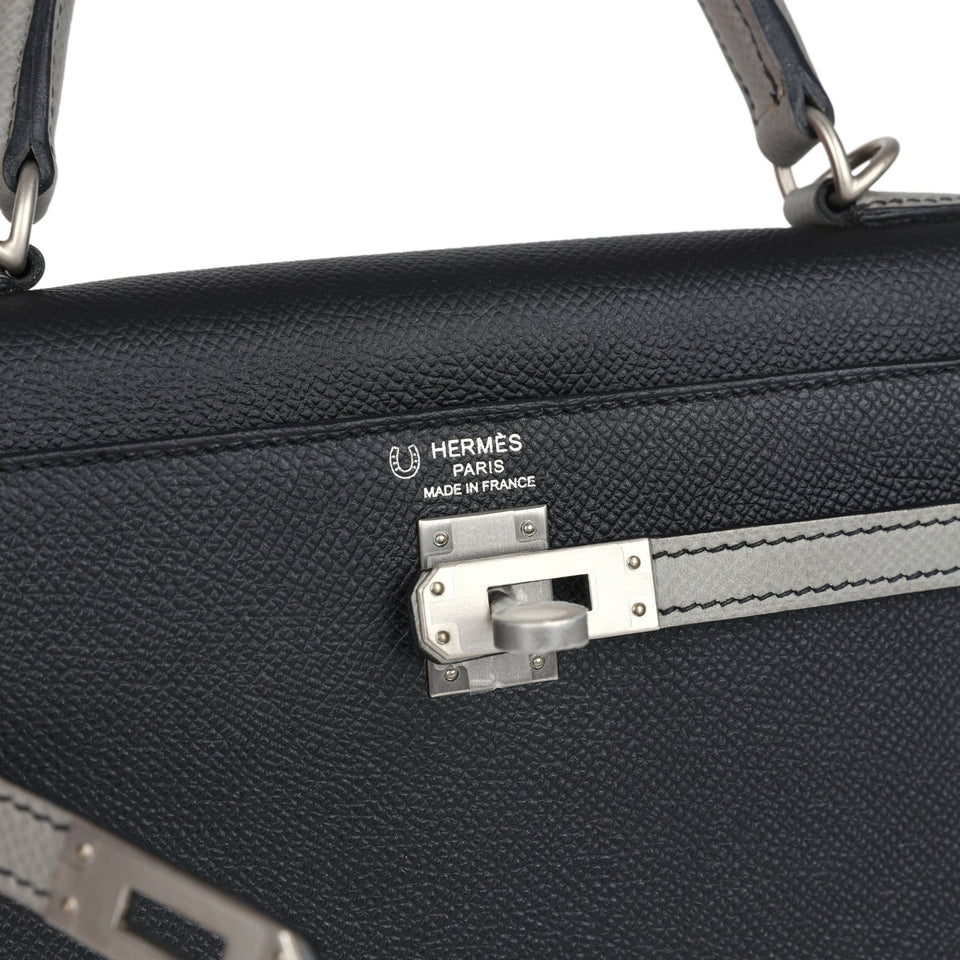 Hermes Special Order (HSS) Kelly Sellier 25 Black and Gris Mouette Epsom Brushed Gold Hardware