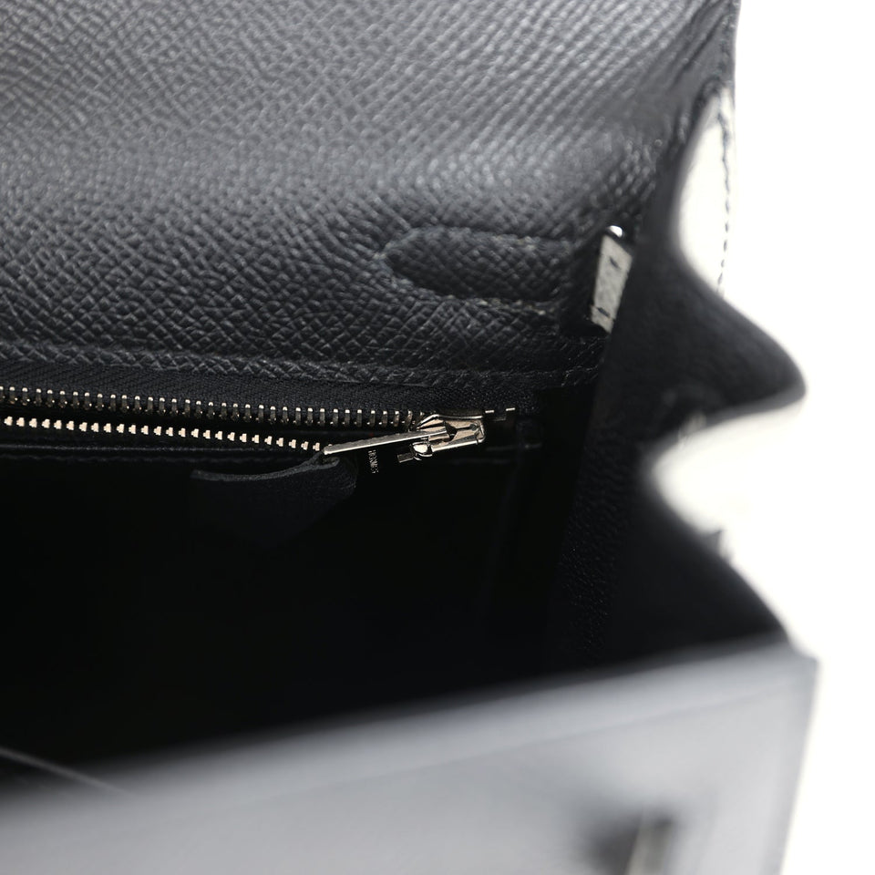 Hermes Special Order (HSS) Kelly Sellier 25 Black and Gris Mouette Epsom Brushed Gold Hardware