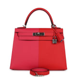 Hermes Kelly Sellier 28 Casaque Rouge De Coeur, Rose Extreme and Bleu Zanzibar Epsom Palladium Hardware