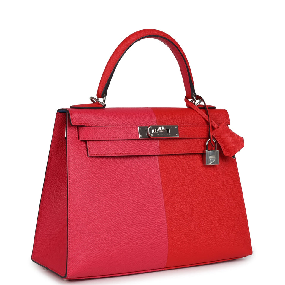 Hermes Kelly Sellier 28 Casaque Rouge De Coeur, Rose Extreme and Bleu Zanzibar Epsom Palladium Hardware