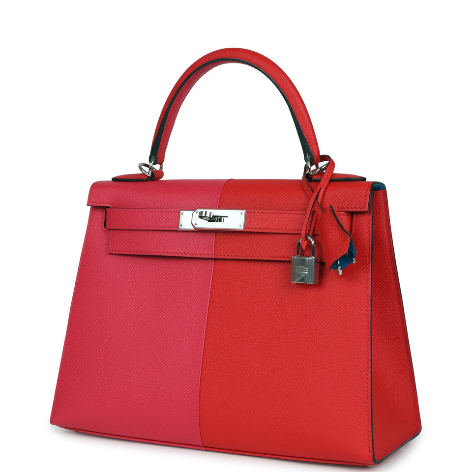 Hermes Kelly Sellier 28 Casaque Rouge De Coeur, Rose Extreme and Bleu Zanzibar Epsom Palladium Hardware