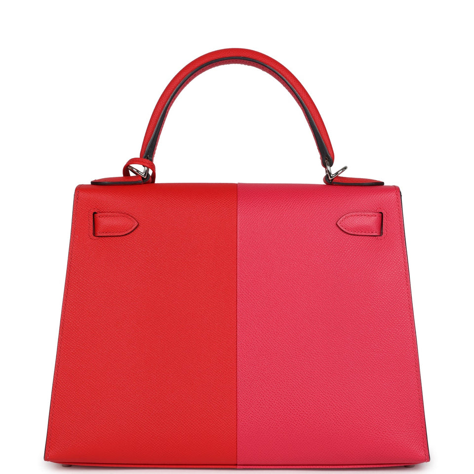 Hermes Kelly Sellier 28 Casaque Rouge De Coeur, Rose Extreme and Bleu Zanzibar Epsom Palladium Hardware