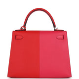 Hermes Kelly Sellier 28 Casaque Rouge De Coeur, Rose Extreme and Bleu Zanzibar Epsom Palladium Hardware