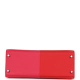 Hermes Kelly Sellier 28 Casaque Rouge De Coeur, Rose Extreme and Bleu Zanzibar Epsom Palladium Hardware