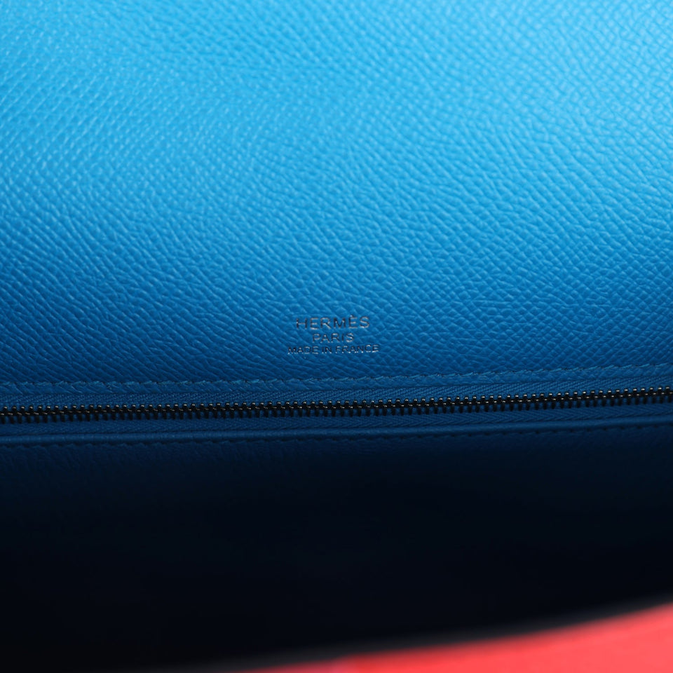 Hermes Kelly Sellier 28 Casaque Rouge De Coeur, Rose Extreme and Bleu Zanzibar Epsom Palladium Hardware