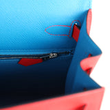 Hermes Kelly Sellier 28 Casaque Rouge De Coeur, Rose Extreme and Bleu Zanzibar Epsom Palladium Hardware