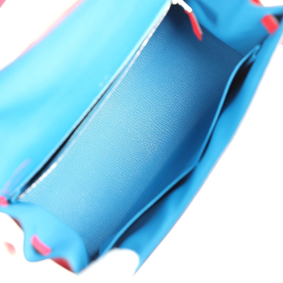 Hermes Kelly Sellier 28 Casaque Rouge De Coeur, Rose Extreme and Bleu Zanzibar Epsom Palladium Hardware