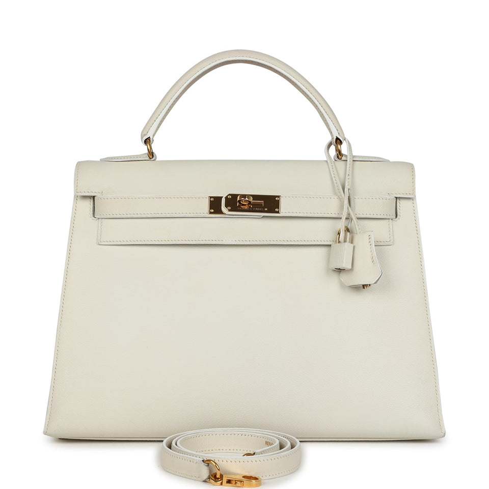Hermes Kelly Sellier 32 White Veau Graine Gold Hardware