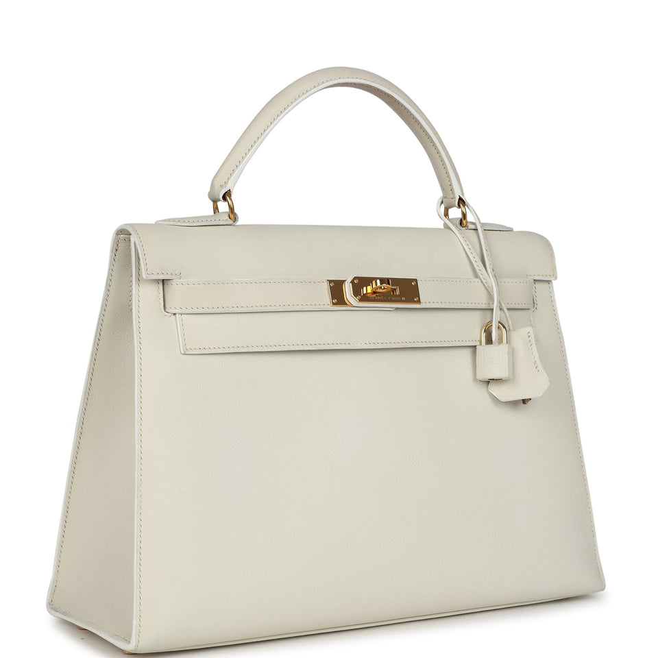Hermes Kelly Sellier 32 White Veau Graine Gold Hardware